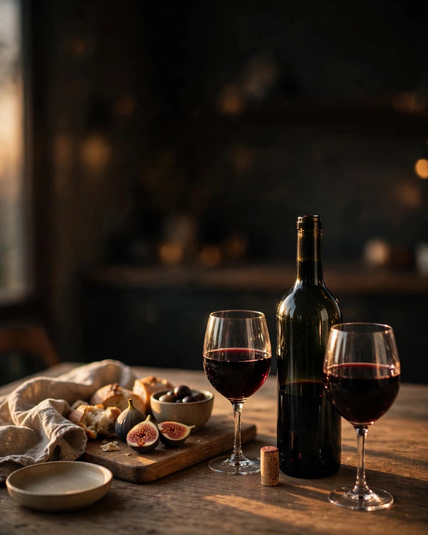 An unlabelled bottle, two glasses of red wine, bread, cheese and figs on a warmly lit table.